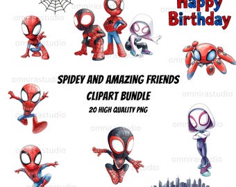 20 Spidey and Amazing Friends Clipart Bundle | Watercolor Superhero PNG | Boys Birthday Party Graphics | Nursery Decor | Digital Download