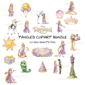May include: A collection of watercolor clipart featuring characters and elements from the Disney movie "Tangled." Includes images of Rapunzel, a horse, a chameleon, a cake, and the text "Tangled Clipart Bundle."
