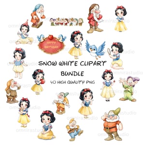 Puede incluir: Un paquete de imágenes prediseñadas digitales con Blancanieves y los siete enanitos en varias poses, incluyendo un letrero rojo de Happy Birthday con pájaros azules y el texto SNOW WHITE CLIPART BUNDLE 40 HIGH QUALITY PNG sobre fondo blanco.