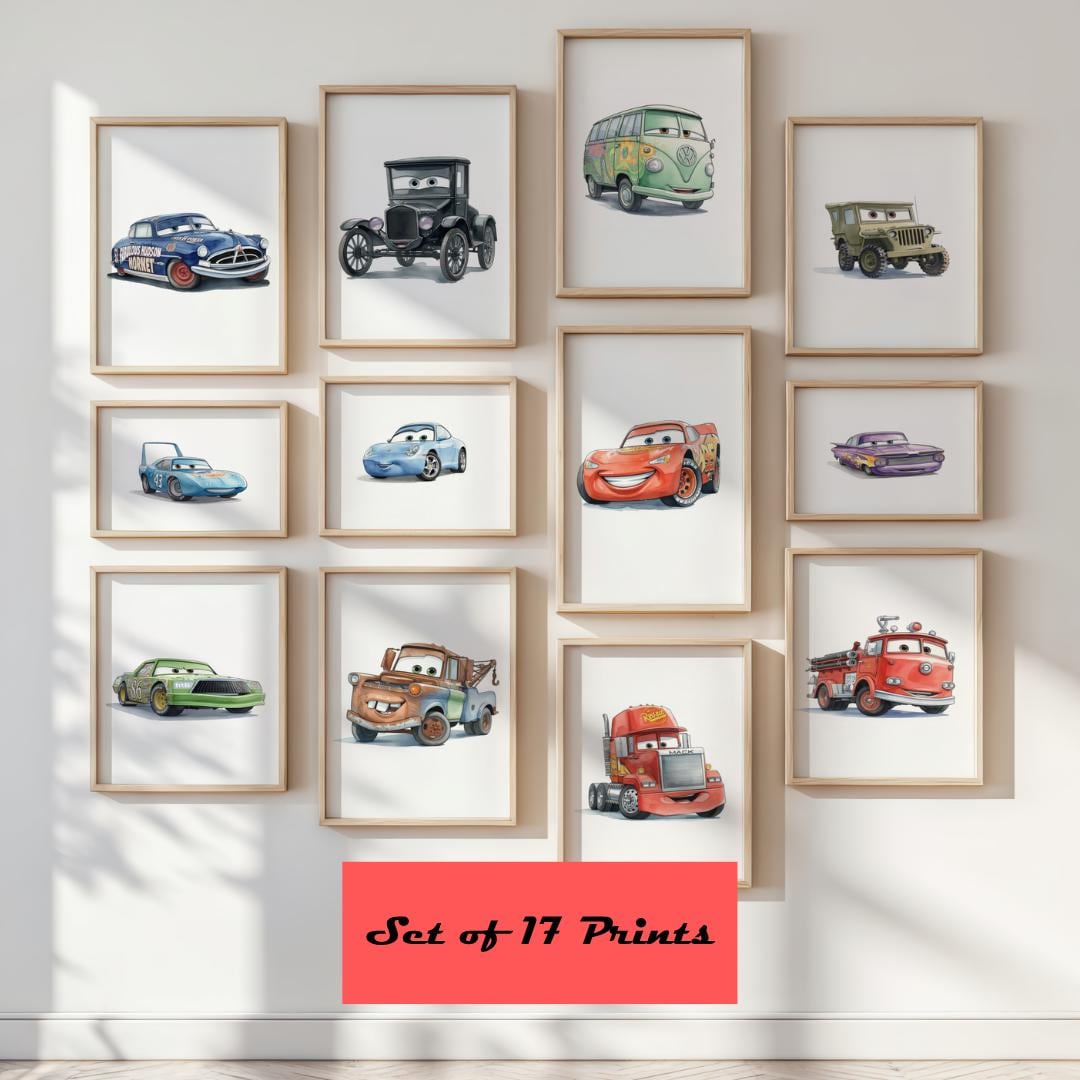 Cars Collection Print Disney Cars Prints Set of 17 | Lightning Mcqueen Mater Wall Art | Boys ...