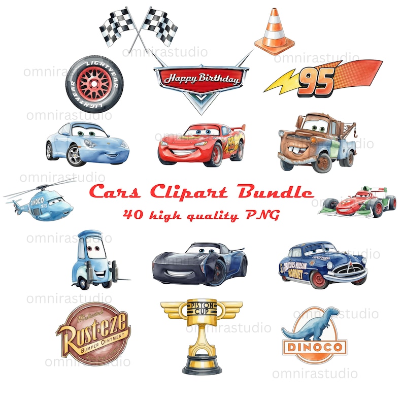Cars Clipart Bundle 40 PNG | Lightning McQueen Mater Watercolor | Boys Birthday Party Invitations | Sublimation Graphics | Digital Kit image 1