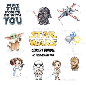 Könnte beinhalten: Eine Sammlung von Star Wars-Clipart, darunter Charaktere wie Darth Vader, Yoda und Chewbacca, zusammen mit einem X-Wing-Jäger und dem Star Wars-Logo. Der Text "MAY THE FORCE BE WITH YOU" und "CLIPART BUNDLE 40 HIGH QUALITY PNG" sind ebenfalls vorhanden.