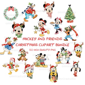 May include: A digital collection of Mickey and Friends Christmas clipart featuring various characters in holiday attire, including wreaths, a tree, and a snowman. The text reads MICKEY AND FRIENDS CHRISTMAS CLIPART BUNDLE 50 HIGH QUALITY PNG.