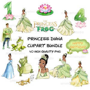 Può includere: Un pacchetto di clipart digitali con personaggi ed elementi tratti da La Principessa e il Ranocchio, tra cui una principessa in abiti verdi e blu, un principe, una rana, un alligatore, una tromba, fiori di loto, i numeri 1 e 4 e del testo.