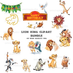 Puede incluir: Un paquete de imágenes prediseñadas digitales con varios personajes de El Rey León, incluidos Simba, Nala, Timon, Pumbaa, Rafiki y Zazu. Incluye una pancarta de hojas Hakuna Matata, un letrero de Happy Birthday y el texto Lion King Clipart Bundle 40 High Quality PNG.
