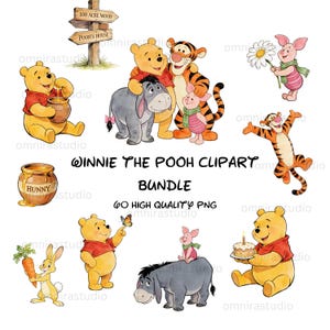 May include: A collection of Winnie the Pooh clipart images. The images include Pooh Bear, Tigger, Piglet, Eeyore, and Rabbit. The text "Winnie the Pooh Clipart Bundle" and "60 High Quality PNG" are also visible.