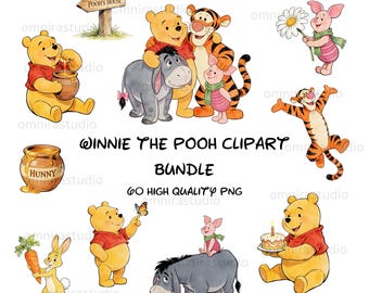 60 Winnie the Pooh Clipart Bundle | Classic Watercolor Pooh PNG | Baby Shower Graphics | Tigger Eeyore Piglet | Nursery Digital Download