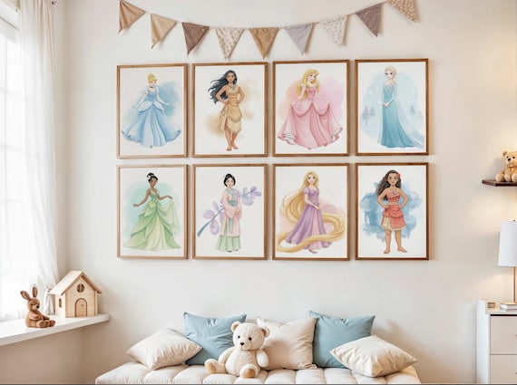 Set of 12 Watercolor Princesses Wall Art, Digital Princess Wall Art, Nursery Prints, Girls Room Decor (Digital Download)