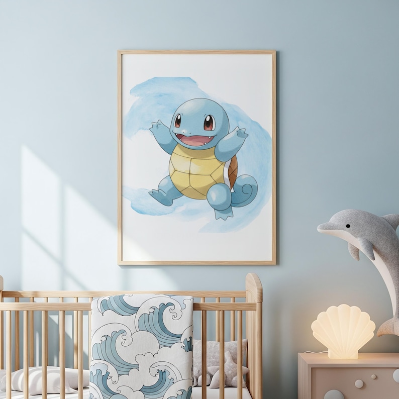 May include: A framed watercolor print of a blue Squirtle character with a yellow shell, set against a blue watercolor wash. The artwork is displayed in a light wood frame, suitable for a nursery or children's room.