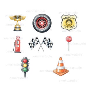 May include: Watercolor illustrations of racing-themed objects. Includes a gold trophy, a tire with "LIGHTYEAR" text, a "RADIATOR SPRINGS" badge, a red gas pump, crossed checkered flags, a stop sign, a traffic light, and an orange traffic cone.
