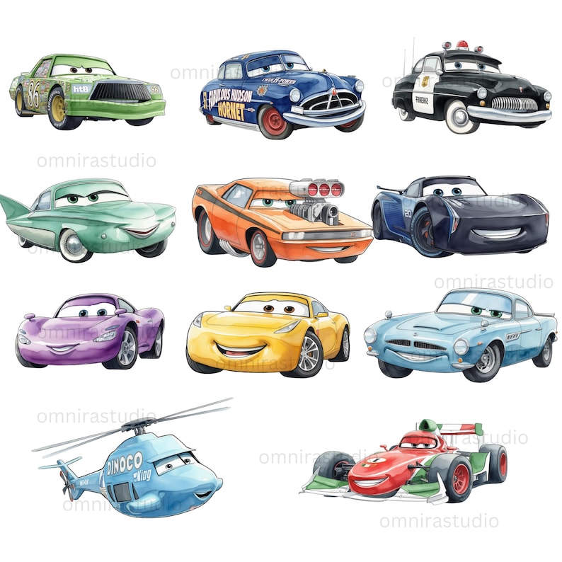 May include: A collection of eleven cartoon vehicles including a green race car, a blue vintage car, a black and white police car, a teal car, an orange muscle car, a black sports car, a purple car, a yellow car, a light blue car, a blue helicopter, and a red race car.