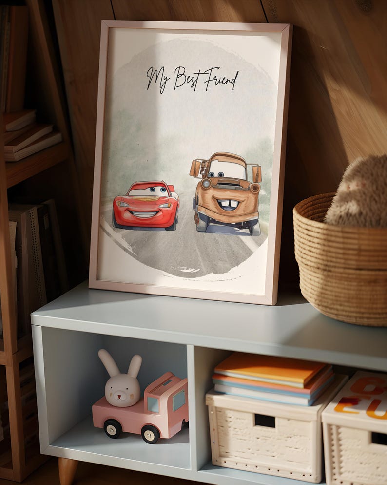 Lightning McQueen & Mater Wall Art | Cars Watercolor Nursery Print | My Best Friend Quote Poster | Boys Room Decor | Digital Download