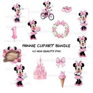 Könnte beinhalten: Eine Sammlung von Minnie Mouse-Clipart-Bildern. Die Bilder zeigen Minnie Mouse in verschiedenen Posen, ein rosa Schloss, ein rosa Fahrrad, ein rosa Eis und einen Blumenkranz. Der Text "MINNIE CLIPART BUNDLE" und "40 HIGH QUALITY PNG" ist ebenfalls vorhanden.