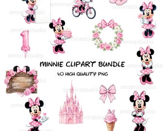 40 Pink Minnie Mouse Clipart Bundle | Watercolor Minnie PNG | Baby Shower Graphics | Birthday Girl Decor | Nursery Digital Download