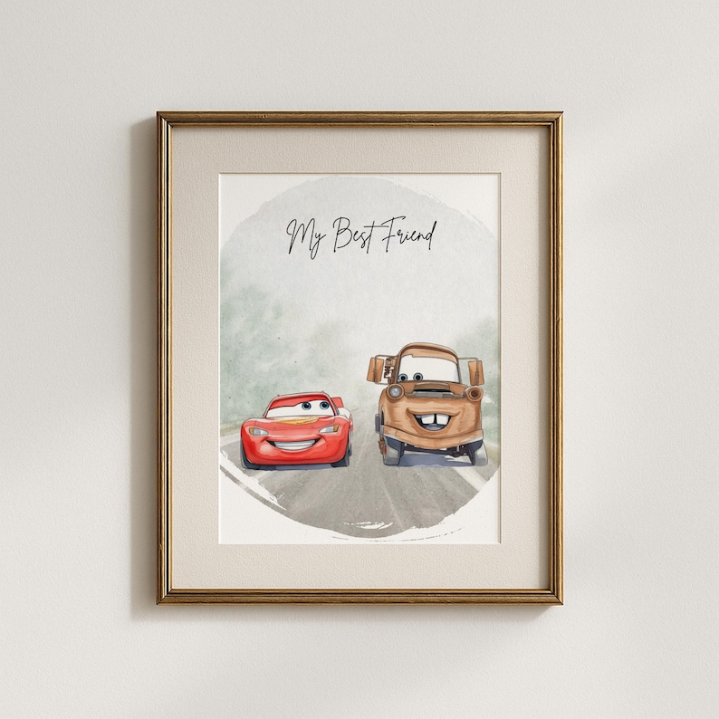 May include: Framed watercolor print featuring two cartoon cars, a red race car and a brown tow truck, on a road. The text "My Best Friend" is written above the cars. The artwork is set against a soft, watercolor background.