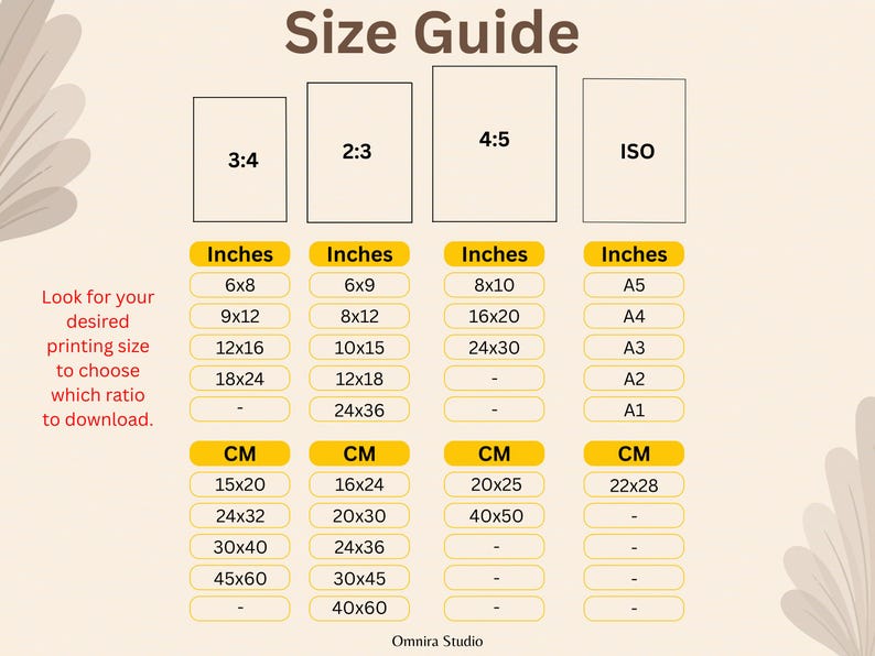 May include: A size guide chart with dimensions in inches and centimeters for various print ratios, including 3:4, 2:3, 4:5, and ISO. The chart provides measurements like 6x8 inches, 15x20 cm, and A5, A4, A3, A2, and A1 sizes.