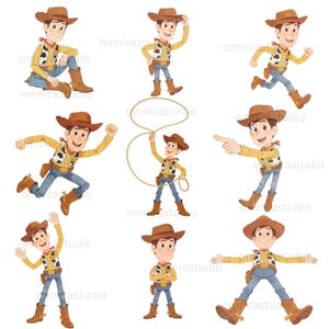 May include: A collection of nine illustrations featuring a cartoon cowboy character wearing a brown hat, yellow long-sleeve shirt, cow-print vest, blue jeans, and brown boots. The character is depicted in various poses, including running, waving, and holding a lasso.