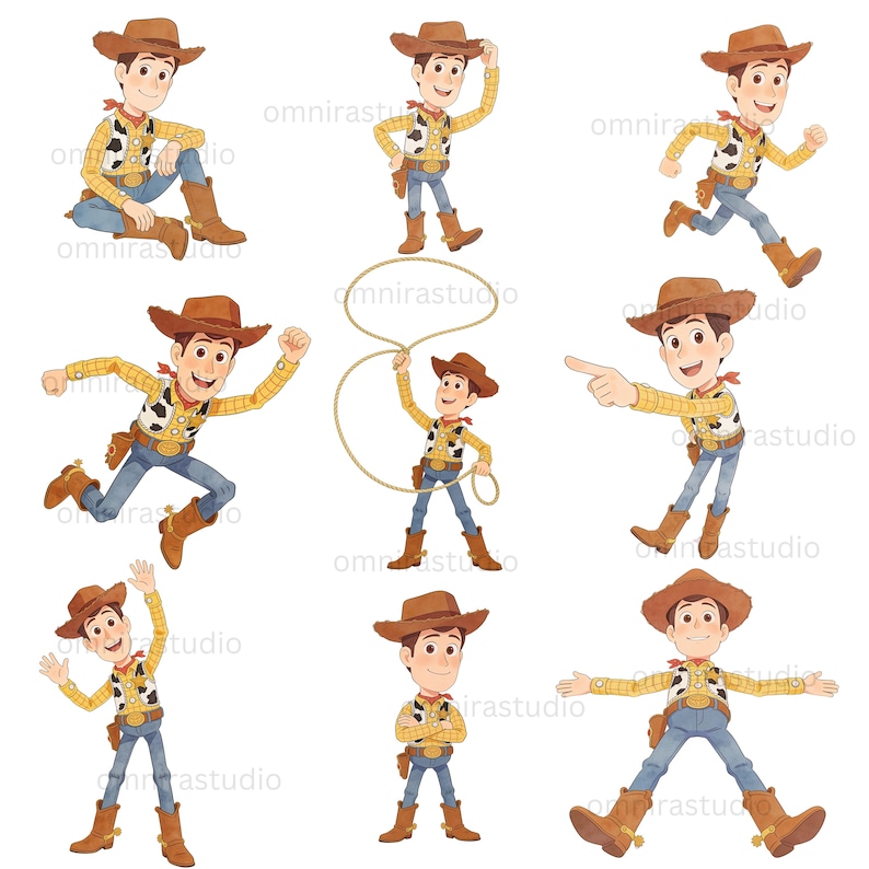 May include: A collection of nine illustrations featuring a cartoon cowboy character wearing a brown hat, yellow long-sleeve shirt, cow-print vest, blue jeans, and brown boots. The character is depicted in various poses, including running, waving, and holding a lasso.