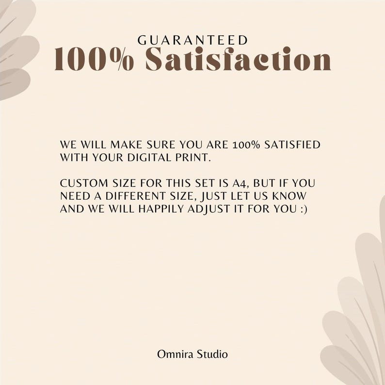 Puede incluir: Impresi&oacute;n digital color crema con el texto &laquo;GARANTIZADO 100% Satisfacci&oacute;n&raquo;. Texto adicional promete satisfacci&oacute;n con la impresi&oacute;n digital y opciones de tama&ntilde;o personalizadas. El logotipo de Omnira Studio est&aacute; en la parte inferior.