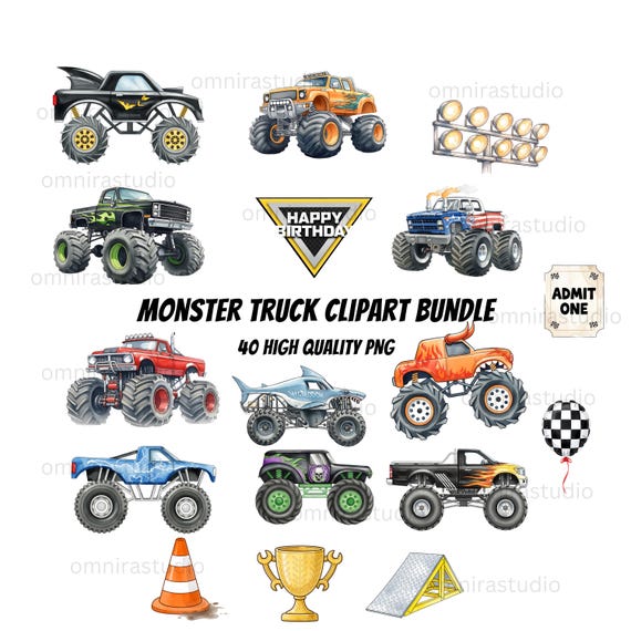 Monster Truck Clipart Bundle PNG, 40 Watercolor Monster Truck PNG, Birthday Party Clipart, Boys Sublimation PNG, Transparent Background