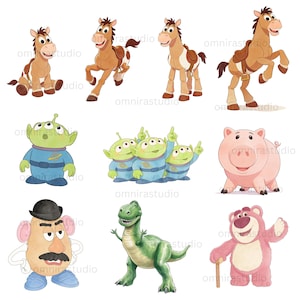 May include: A collection of cartoon character illustrations featuring a brown horse in various poses, three green three-eyed aliens in blue space suits, a pink pig, a potato-shaped figure with a black hat, a green dinosaur, and a pink bear.