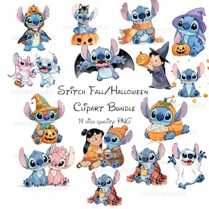14 Stitch höst- och Halloween-clipartpaket | Lilo och Stitch PNG | Mysig höstakvarell | Spöklik sublimering | Digital nedladdning