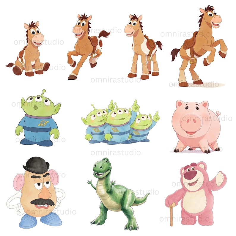 May include: Watercolor illustrations of characters from the animated film series, including a horse, three-eyed aliens, a pig, Mr. Potato Head, a green dinosaur, and a pink bear. The characters are depicted in various poses and expressions.