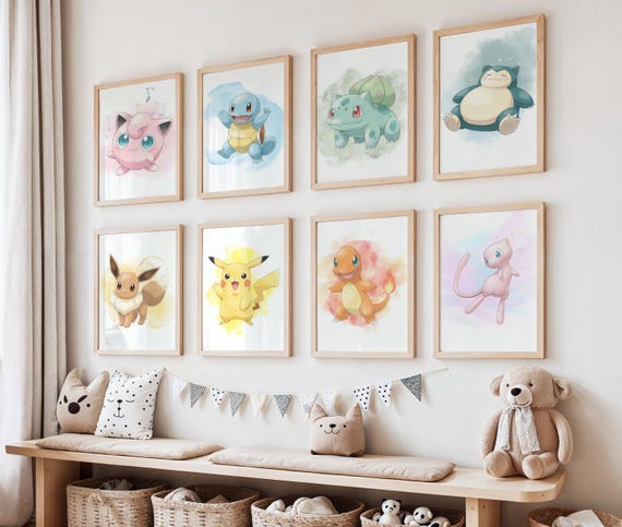 Set of 10 Pokemon Nursery Wall Art Prints, Kids Room Decor, Watercolor Pokémon Poster Set, Printable Baby Boy Gift (Digital Download)