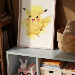 May include: A framed Pikachu art print with a light pink frame. The artwork features a yellow Pikachu character with a yellow watercolor background. A pink toy truck and a white bunny toy are on a blue shelf below the print.