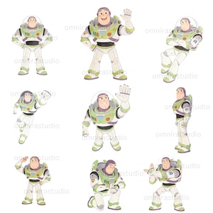 May include: A collection of nine illustrations of the character Buzz Lightyear in various poses, wearing a white, green, and purple space suit with a clear helmet, featuring the repeated watermark text omnirastudio across the white background.