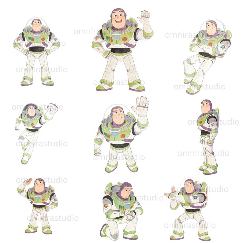 May include: A collection of nine illustrations of the character Buzz Lightyear in various poses, wearing a white, green, and purple space suit with a clear helmet, featuring the repeated watermark text omnirastudio across the white background.
