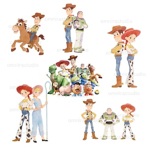 May include: Watercolor illustrations of characters from the animated movie Toy Story. Woody, Buzz Lightyear, Jessie, and other characters are depicted in various poses. The artwork features a cartoon style with bright colors.