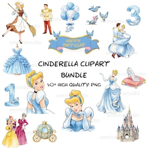 Puede incluir: Una colección de imágenes digitales clipart con personajes de Cenicienta, un castillo azul, una carroza, un zapato de cristal sobre un cojín, globos azules, pájaros y el texto CINDERELLA CLIPART BUNDLE 40+ HIGH QUALITY PNG con un cartel de Happy Birthday.
