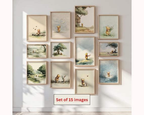 Winnie the Pooh Nursery Wall Art Digital Print Kids Room Woodland Gallery Set Childrens Playroom Boho Watercolor Painting Neutral Bundle Boy