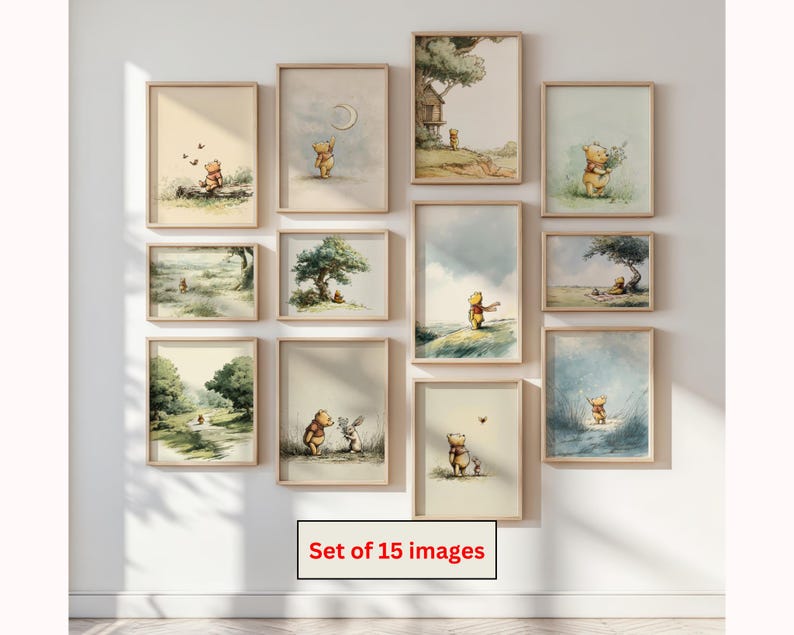 May include: A set of 15 framed art prints featuring watercolor illustrations of a bear in various scenes. The artwork includes images of the bear with a moon, in a treehouse, and with a rabbit. The text "Set of 15 images" is visible.