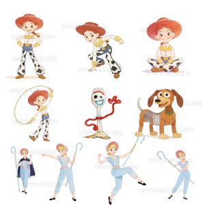 May include: A collection of digital illustrations featuring characters from Toy Story, including Jessie the cowgirl in various poses, a white plastic spork character with red pipe cleaner arms, a brown dachshund toy with a metal spring body, and Bo Peep.