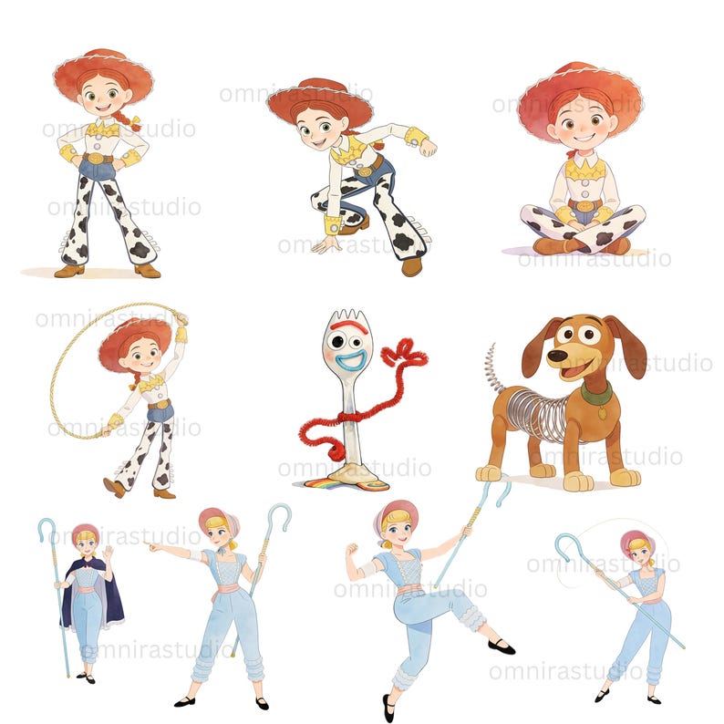 May include: A collection of digital illustrations featuring characters from Toy Story, including Jessie the cowgirl in various poses, a white plastic spork character with red pipe cleaner arms, a brown dachshund toy with a metal spring body, and Bo Peep.
