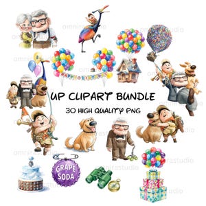 Può includere: Un pacchetto di clipart digitali con personaggi e icone del film Up, tra cui un uomo anziano, un ragazzo, un golden retriever, una casa con palloncini colorati, una spilla a forma di tappo di bibita all'uva, un binocolo e una bussola.