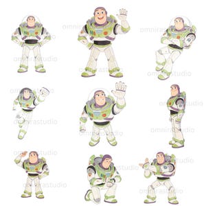 May include: Watercolor illustrations of Buzz Lightyear in various poses. The character is depicted in his signature white, green, and purple spacesuit with a clear helmet. The images showcase different actions and stances.