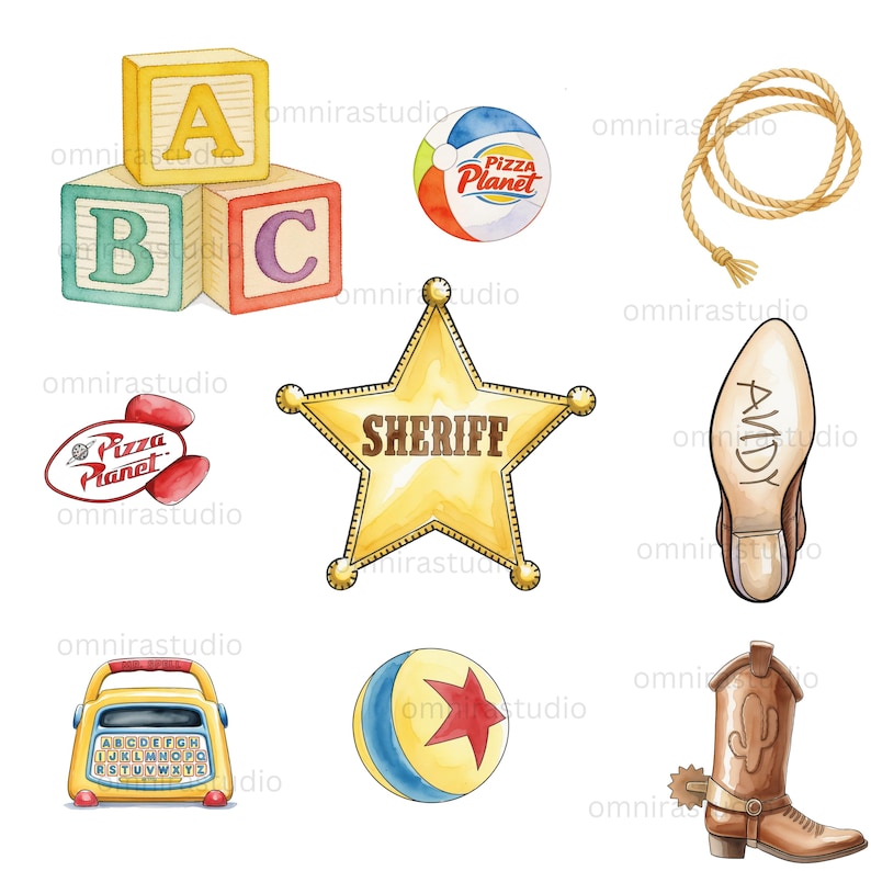 Toy Story Clipart Bundle 60 PNG | Watercolor Digital Kit | Woody Buzz Jessie Characters | Kids Birthday Party Invitations | Sublimation image 9