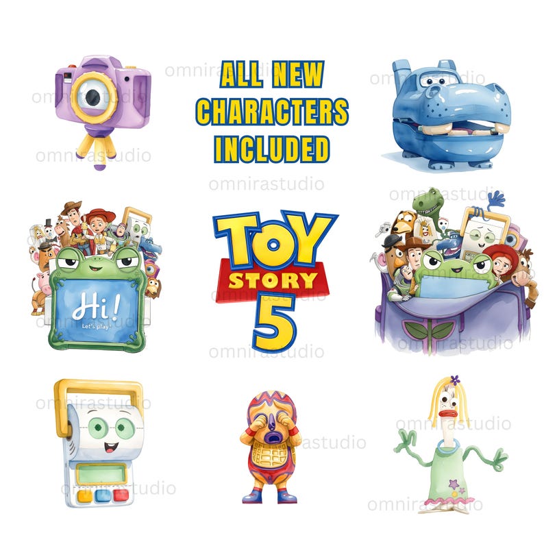 May include: A collection of Toy Story 5 themed illustrations featuring a purple camera, a blue hippo, a green frog holding a sign that says Hi, the Toy Story 5 logo, a purple bag with characters, a white calculator, a wrestler, and a fork character.