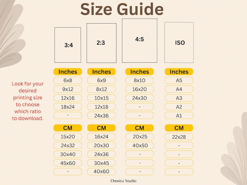 May include: A size guide chart with dimensions in inches and centimeters for various print ratios, including 3:4, 2:3, 4:5, and ISO. The chart lists sizes like 6x8 inches, 15x20 cm, and A4. Text reads "Look for your desired printing size to choose which ratio to download."