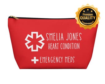 Medical Alert Heart Condition Emergency Meds Pouch, Personalized Medication Organizer Bag with Name, Custom Travel Pill Case Health Storage