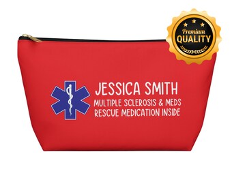Medical Alert Multiple Sclerosis & Meds Rescue Medication Inside Pouch, Personalized Emergency Organizer Bag with Name, Custom Travel Case