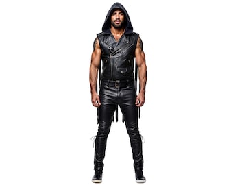 Mens Leather Assassin Costume | Hooded Vest & Laced Pants
