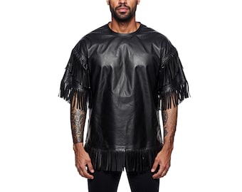 Handmade Black Leather Fringe T-Shirt | Western Cowboy Biker Top
