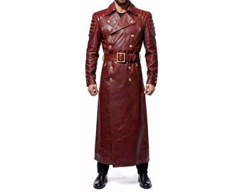 Men’s Long Brown Genuine Cow Leather Trench Coat | Double Breasted Warrior Style