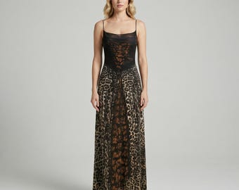 Abito lungo da donna con stampa leopardata / Elegante abito da sera in rete