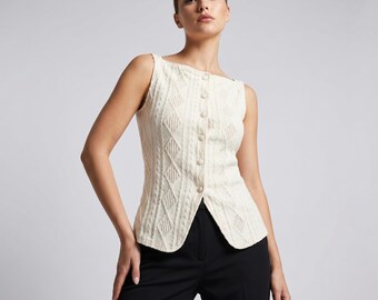 Top da donna senza maniche in maglia con trama geometrica / Blusa estiva casual con bottoni