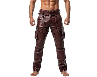 Handmade Burgundy Leather Cargo Pants | Steampunk Biker Trousers
